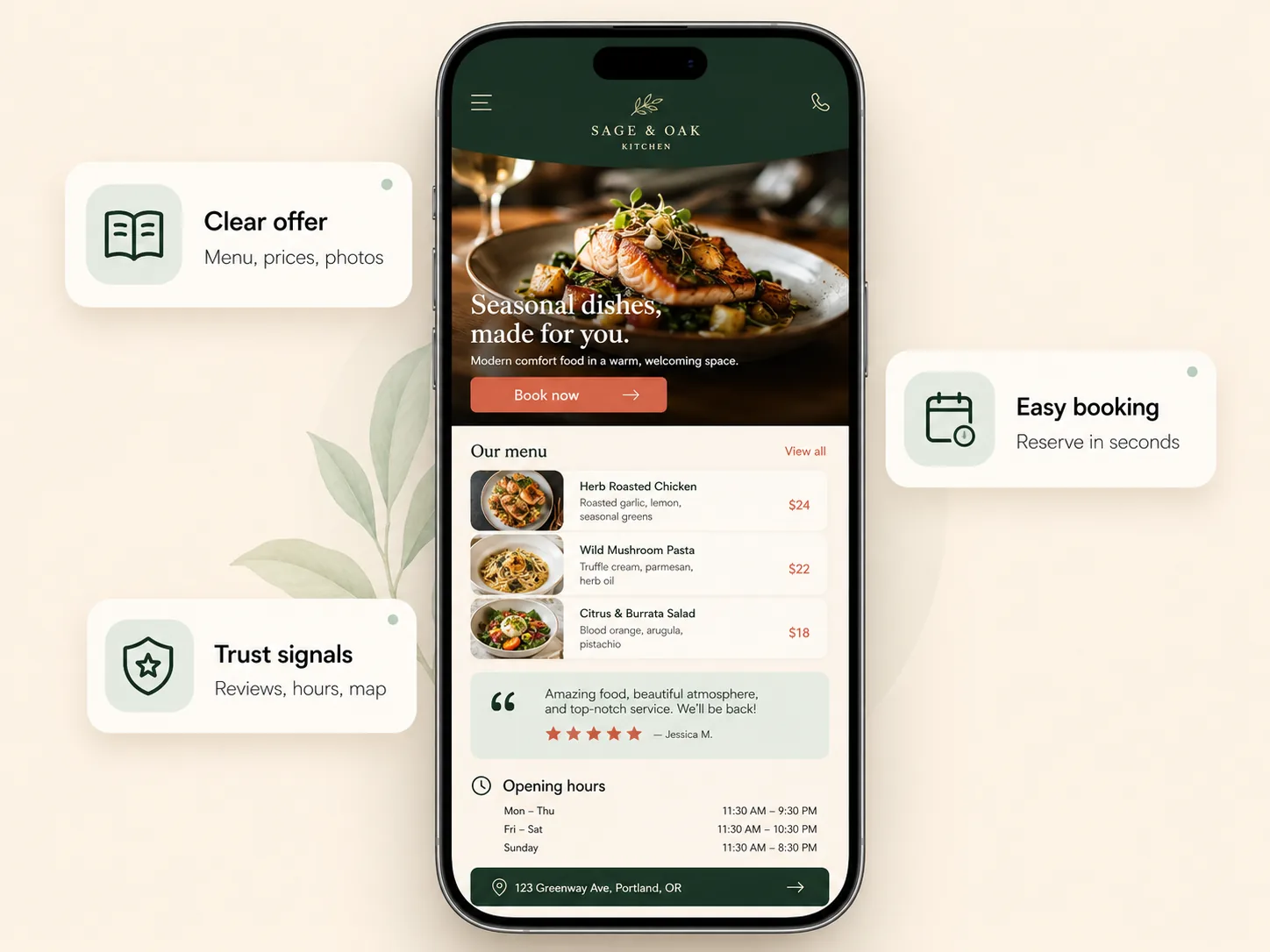 Mobile website preview showing clear offer, easy booking, and trust cues